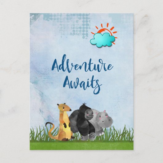 Adventure Awaits - Gorilla Hippo und Meerkat Postkarte (Vorderseite)