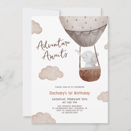 Adventure Awaits Hot Air Ballon 1. Geburtstag Einladung (Vorderseite)