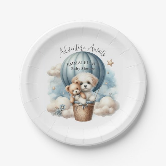 Adventure Awaits Hot Air Ballon Puppy Baby Shower Pappteller (Vorderseite)