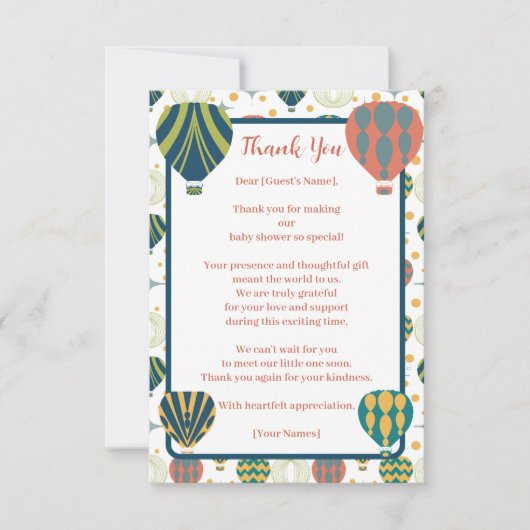 Adventure Awaits Hot Air Balloon Baby Shower Dankeskarte (Vorderseite)