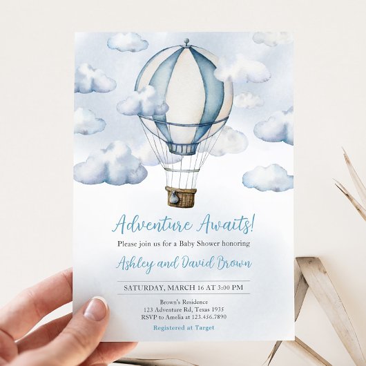 Adventure Awaits Hot Air Balloon Baby Shower Einladung
