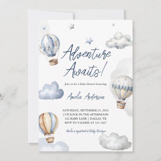 Adventure Awaits Hot Air Blue Balloon Baby Dusche Einladung (Vorderseite)