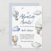 Adventure Awaits Hot Air Blue Balloon Baby Dusche Einladung (Vorne/Hinten)