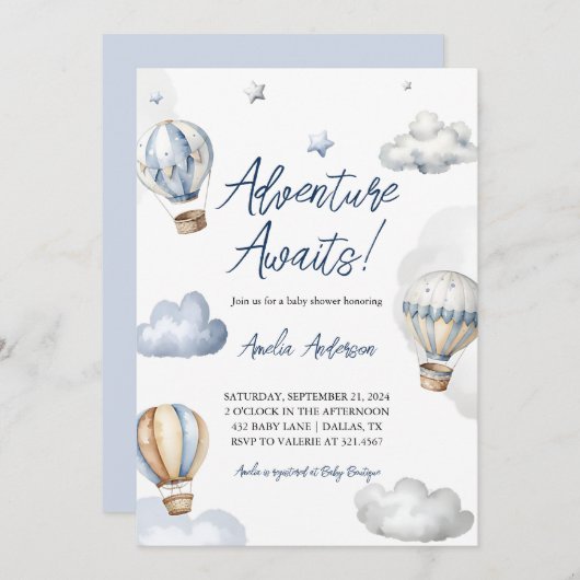Adventure Awaits Hot Air Blue Balloon Baby Dusche Einladung (Vorne/Hinten)