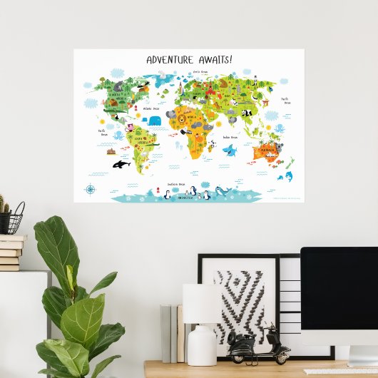 Adventure Awaits Kids World Map Kinderzimmer Dekor Poster (Heimbüro)