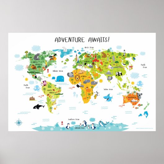 Adventure Awaits Kids World Map Kinderzimmer Dekor Poster (Vorne)