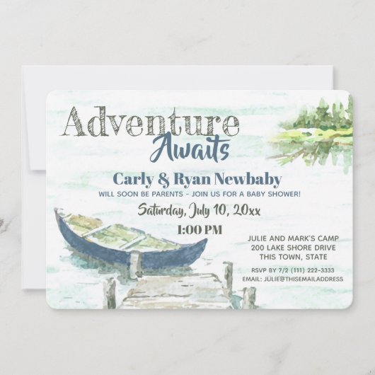 Adventure Awaits Lake und Canoe Baby Shower Einladung (Vorderseite)