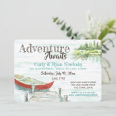 Adventure Awaits Lake und Canoe Baby Shower Einladung (Stehend Vorderseite)