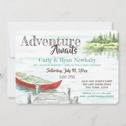 Adventure Awaits Lake und Canoe Baby Shower Einladung (Vorderseite)
