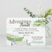 Adventure Awaits Lake und Canoe Baby Shower Einladung (Stehend Vorderseite)