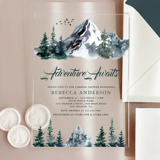 Adventure Awaits Mountain Forest Bridal Shower Acryleinladungen