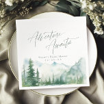 Adventure Awaits Mountain Rustic Bridal Shower Serviette<br><div class="desc">Watercolor lush green pine forest,  teal river,  and misty mountain with sage modern adventure awaits script,   elegant and romantic,  great napkin for boho rustic bridal shower and mountain forest destination wedding in spring and summer.</div>