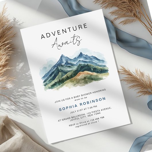 Adventure Awaits Mountains Forest Baby Shower Einladung