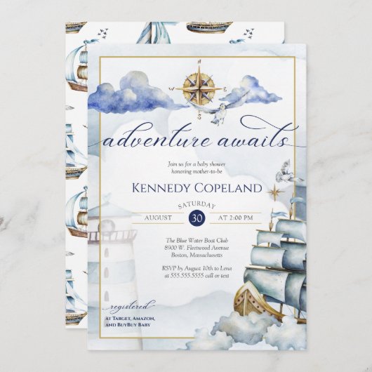 Adventure Awaits - Nautical Dream Ship Baby Shower Einladung (Vorne/Hinten)