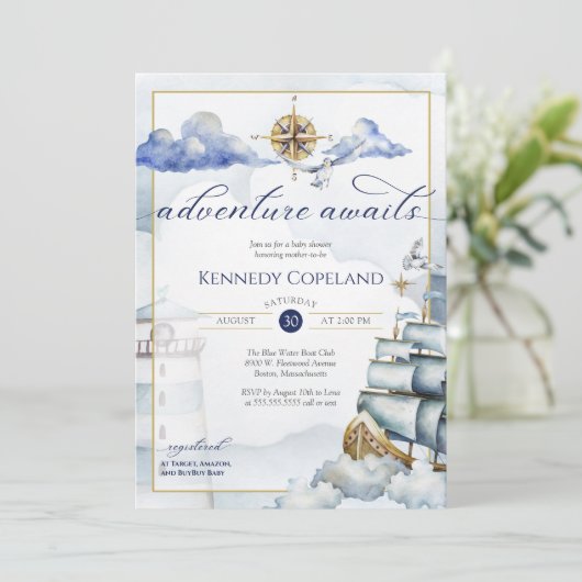 Adventure Awaits - Nautical Dream Ship Baby Shower Einladung (Stehend Vorderseite)