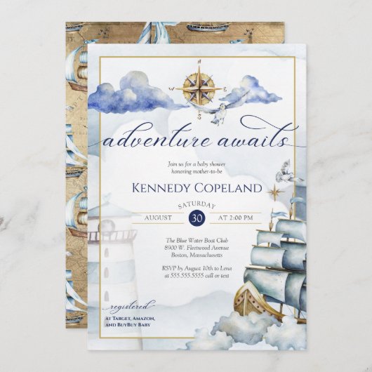 Adventure Awaits - Nautical Dream Ship Baby Shower Einladung (Vorne/Hinten)