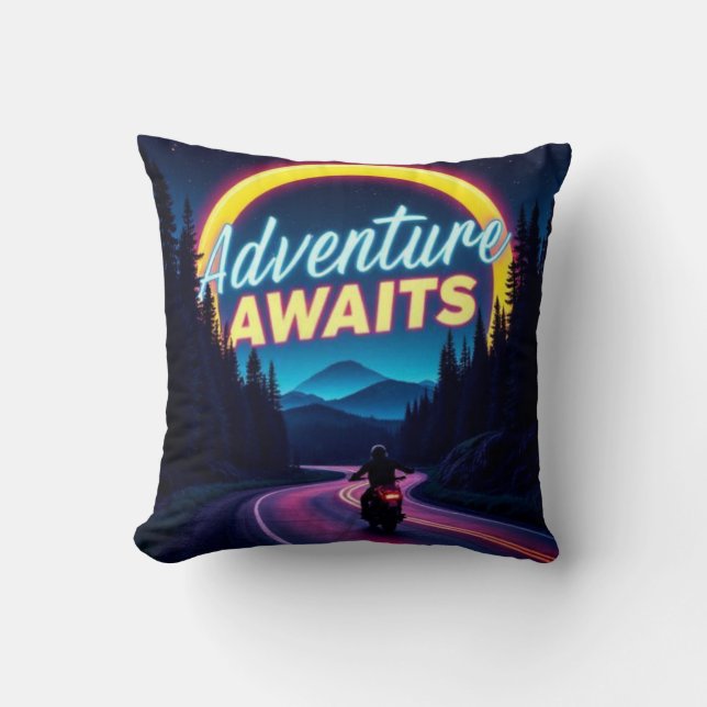 Adventure Awaits Neon Motorcycle Throw Pillow Kissen (Vorderseite)