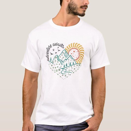 Adventure Awaits – Retro Mountain & Sun Nature T-Shirt (Vorderseite)