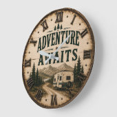 Adventure Awaits Rustic Camper Camping Mountain Große Wanduhr (Winkel)