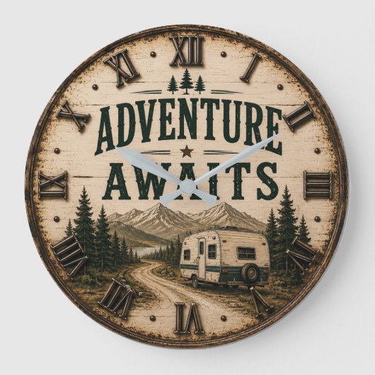 Adventure Awaits Rustic Camper Camping Mountain Große Wanduhr (Vorderseite)