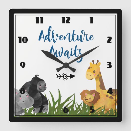 Adventure Awaits Safari Jungle Animals Quadratische Wanduhr (Vorderseite)