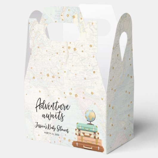 Adventure Awaits Travel Gold Confetti Baby Shower Geschenkschachtel (Geöffnet)