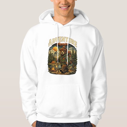 Adventure Awaits Vintage Bear Hiking White Hoodie (Vorderseite)