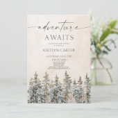 Adventure Awaits Winter Snow Pine Tree Baby Shower Einladung (Stehend Vorderseite)