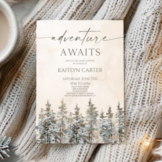 Adventure Awaits Winter Snow Pine Tree Baby Shower Einladung