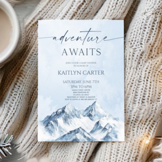 Adventure Awaits Winter Snowy Mountain Baby Shower Einladung