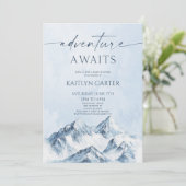 Adventure Awaits Winter Snowy Mountain Baby Shower Einladung (Stehend Vorderseite)