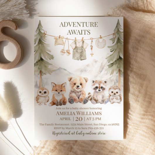 Adventure Awaits Woodland Animals Baby Shower Einladung