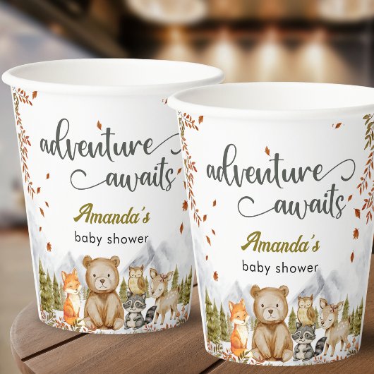 Adventure Awaits Woodland Animals Baby Shower Pappbecher