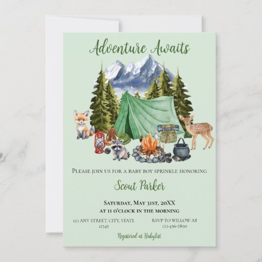 Adventure Awaits Woodland Baby Shower Einladung (Vorderseite)