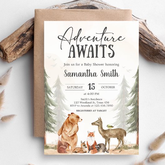 Adventure Awaits Woodland Baby Shower Einladung