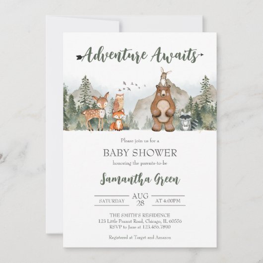 Adventure Awaits Woodland Baby Shower Einladung (Vorderseite)