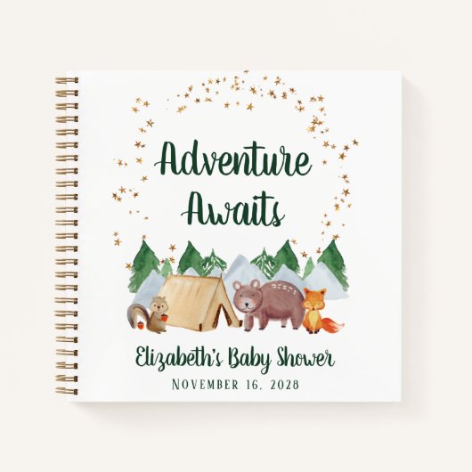Adventure Awaits Woodland Baby Shower Gästebuch Notizblock (Vorderseite)