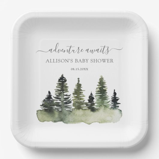 Adventure Awaits Woodland Baby Shower Pappteller (Vorderseite)