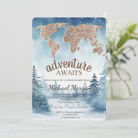 Adventure Awaits World Map Blue Forest Retirement Einladung (Stehend Vorderseite)