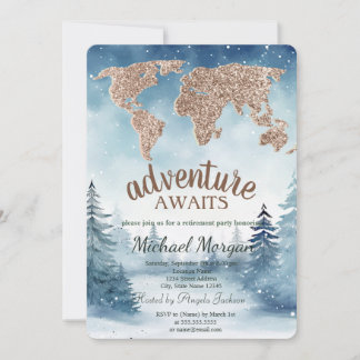 Adventure Awaits World Map Blue Forest Retirement Einladung