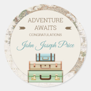 Adventure Awaits World Travel Map Modern Runder Aufkleber