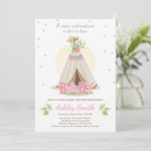Adventure baby Dusche Einladung Girl Teepee Boho (Stehend Vorderseite)