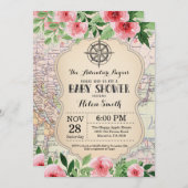 Adventure Baby Dusche Rosa Blumenkarte Reisen Welt Einladung (Vorne/Hinten)