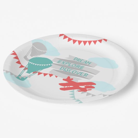 Adventure Baby Shower Airplane und Balloon Pappteller (Schrägansicht)