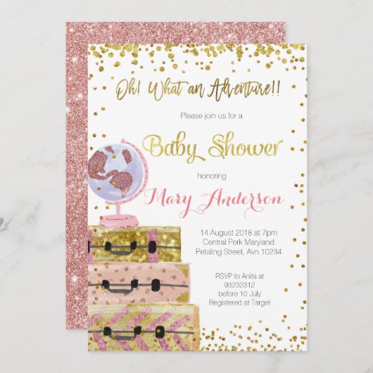 Adventure Baby Shower Einladung Gold Glitzer (Vorne/Hinten)