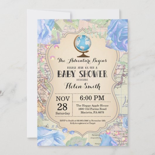 Adventure Baby Showroom Blue Floral Map Reise Welt Einladung (Vorderseite)