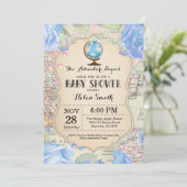 Adventure Baby Showroom Blue Floral Map Reise Welt Einladung (Stehend Vorderseite)