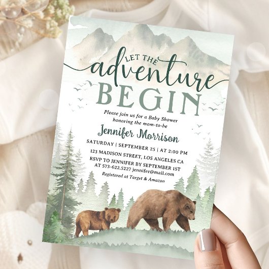 Adventure Begin Baby Shower Bear Woodland Forest Einladung