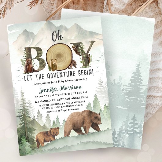 Adventure Begin Bear Boy Baby Shower Woodland Einladung