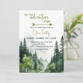 Adventure Begin Forest Rustic Mountain Baby Dusche Einladung (Stehend Vorderseite)